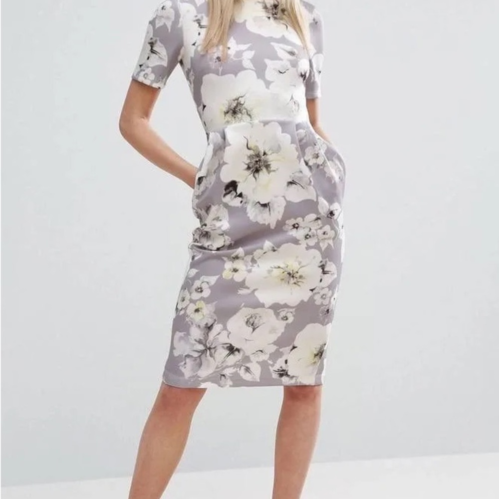 ASOS Gray Floral Print Pencil Wiggle Dress